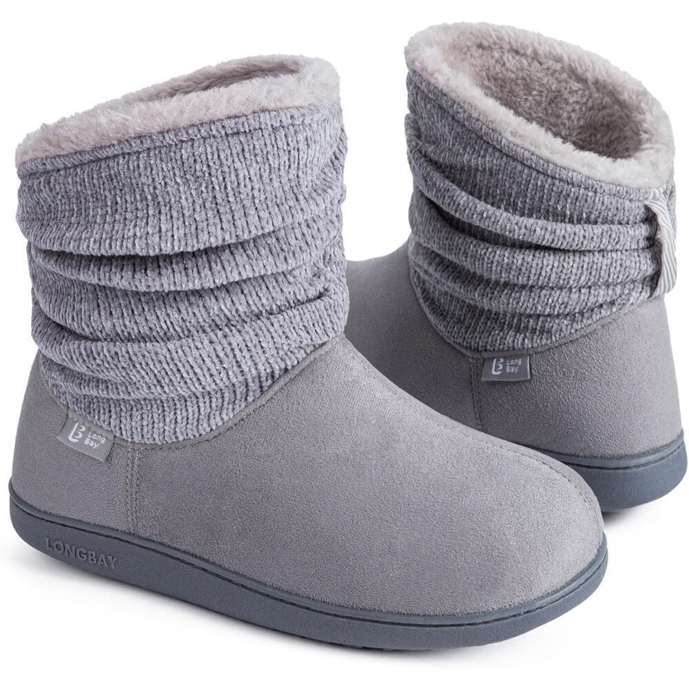 Women's Grey LongBay Chenille Knit Bootie Slippers Memory Foam Faux Fur Suede